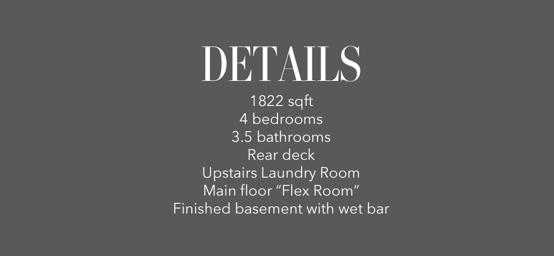 White text on a grey background listing the home's details: 1822 square feet, 4 bedrooms, 3.5 bathrooms, rear deck, upstairs laundry room, main floor flex room, finished basement